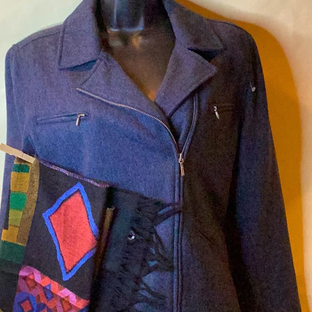 LAUREN Ralph Lauren BLUE TWEED MOTO LAMBSWOOL JACKET SZ. 10 & WOOL/SILK SCARF